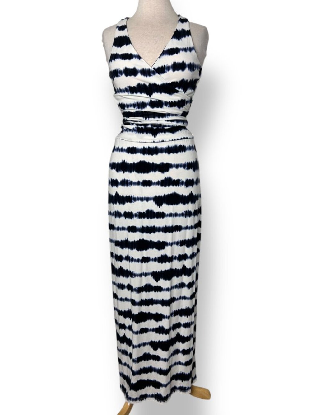 Tart Chloe Dress Dark Navy, Blue, White Tie Dye Stripe Wrapped Bodice Sz XS
